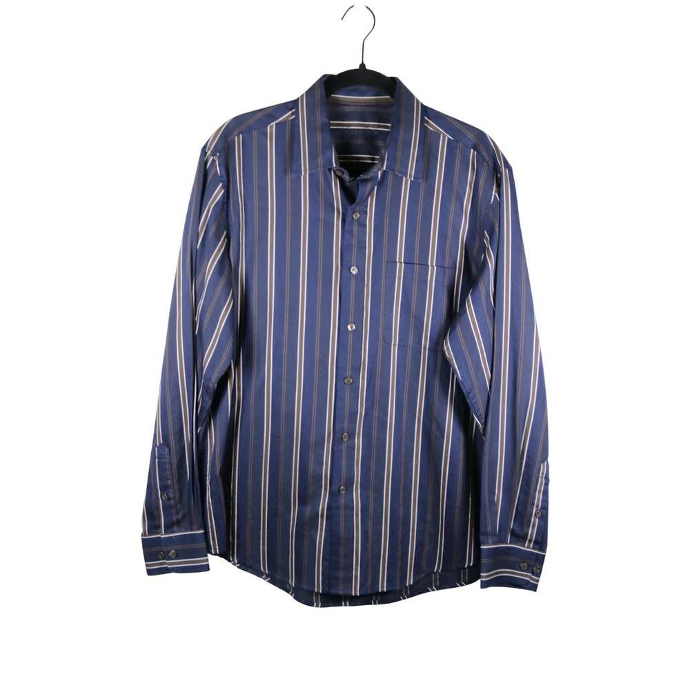 Tasso Elba Mens Navy Blue Brown Striped Cotton Button Down Shirt Medium 15-15.5